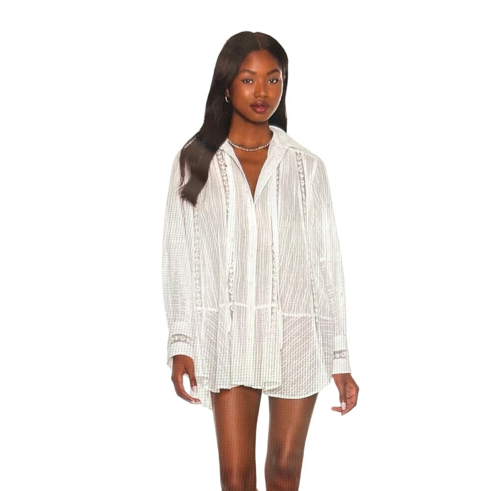 Free People Mikaela Light Pink Embroidered Button Front Tie Neck Cotton Tunic XS